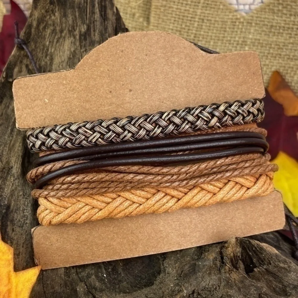 Mens Bracelets Bundle Adjustable Leather and Hemp Bracelets Bundle
